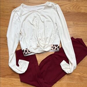 White Long Sleeve Top and Burgundy Leggings Set